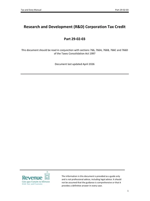 Cover: Revenue Tax and Duty Manual Part 29-02-03, Research and Development (R&D) Corporation Tax Credit